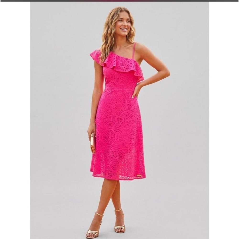 Lilly Pulitzer Callisto One Shoulder Lace Dress Pink Cosmo 29263 Size 6